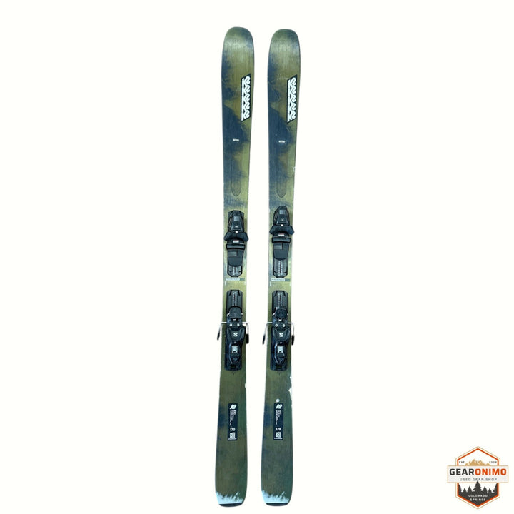 Gearonimo Sports K2 MindBender 89Ti skis in olive green with black bindings, 170 cm length, top-down view.