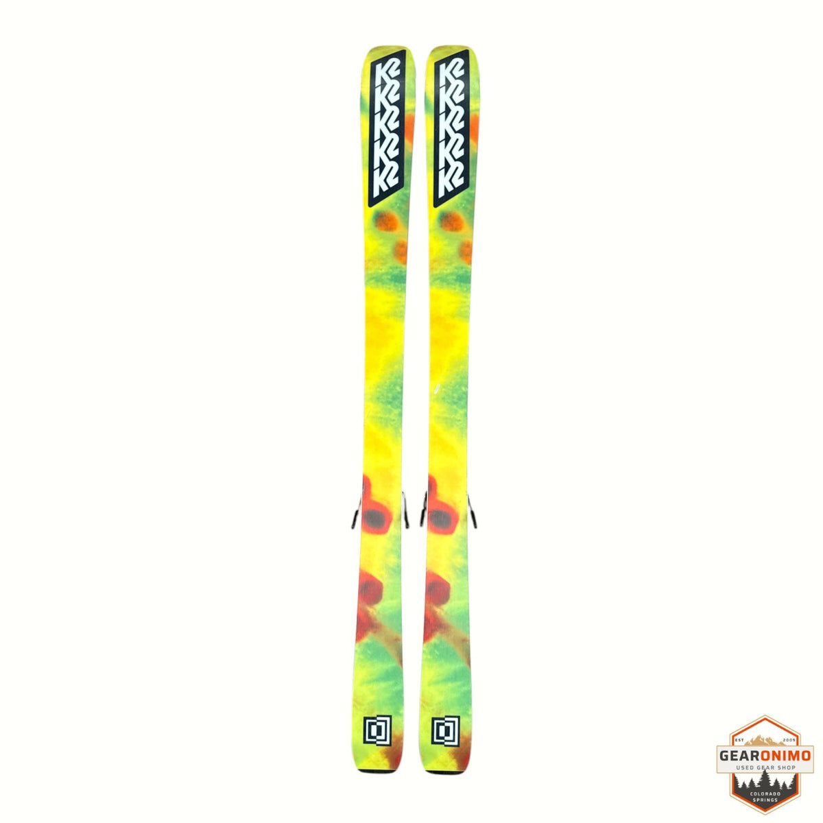 Gearonimo Sports K2 MindBender 89Ti skis in 164 cm with a vibrant yellow, green, and red abstract graphic design.