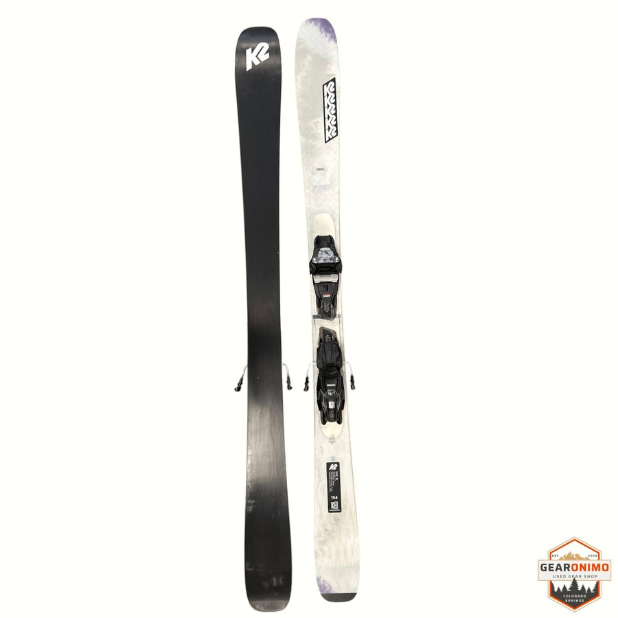 Gearonimo Sports K2 MindBender 90 C W skis with Marker Squire 10 bindings in a 154 cm length, top and base view.