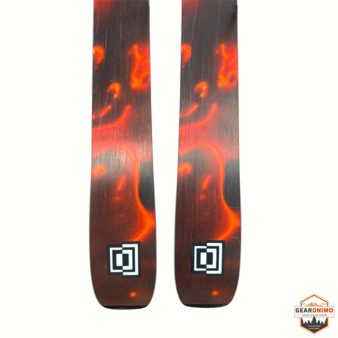 Gearonimo Sports K2 MindBender 99 Ti skis in black with a red flame-like graphic pattern on the topsheet