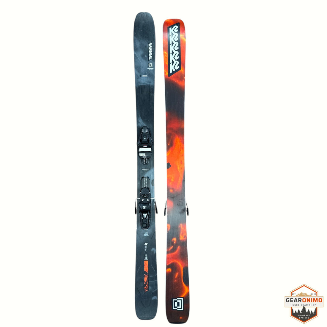Gearonimo Sports K2 MindBender 99 Ti skis in black and orange flame pattern with mounted bindings