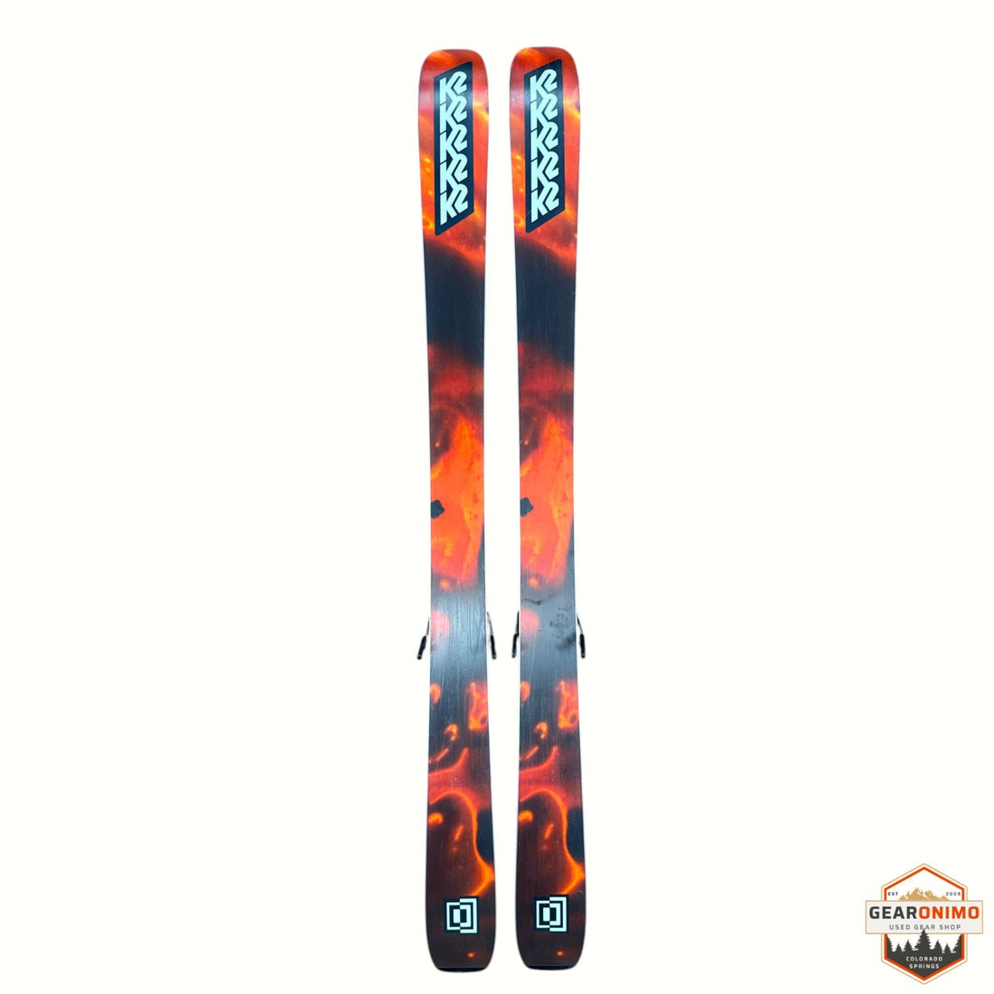 Gearonimo Sports K2 MindBender 99 Ti skis in black with vibrant orange flame graphic design, 166 cm length