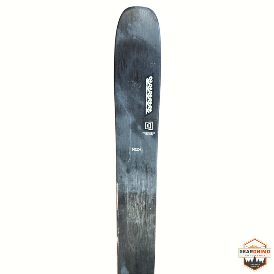 Gearonimo Sports K2 Mindbender 99TI 172cm ski featuring a black topsheet with white branding and model details