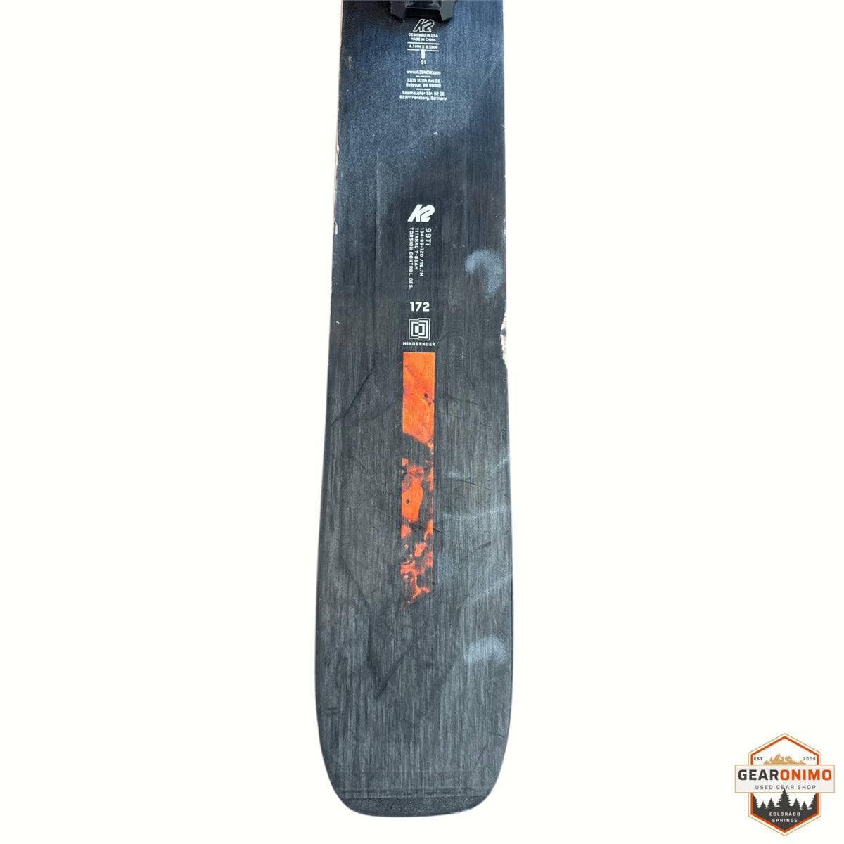 Gearonimo Sports K2 Mindbender 99TI 172cm ski with black finish and orange graphic detail