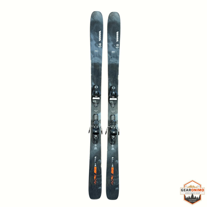 Gearonimo Sports K2 Mindbender 99TI skis in grey with black bindings, 172 cm length, top-down view.