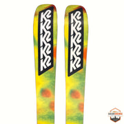 Gearonimo Sports K2 MindBender 89Ti skis featuring a vibrant yellow, green, and orange tie-dye pattern on the tips.