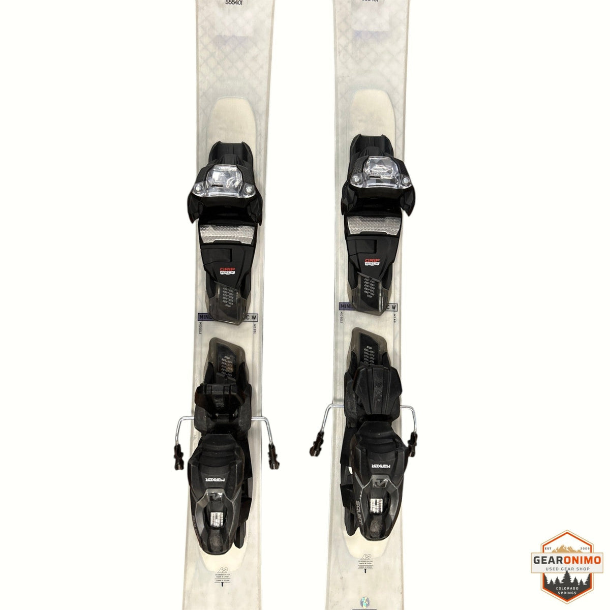 Gearonimo Sports K2 MindBender 90 C W skis in white with black Marker Squire 10 bindings, top-down view