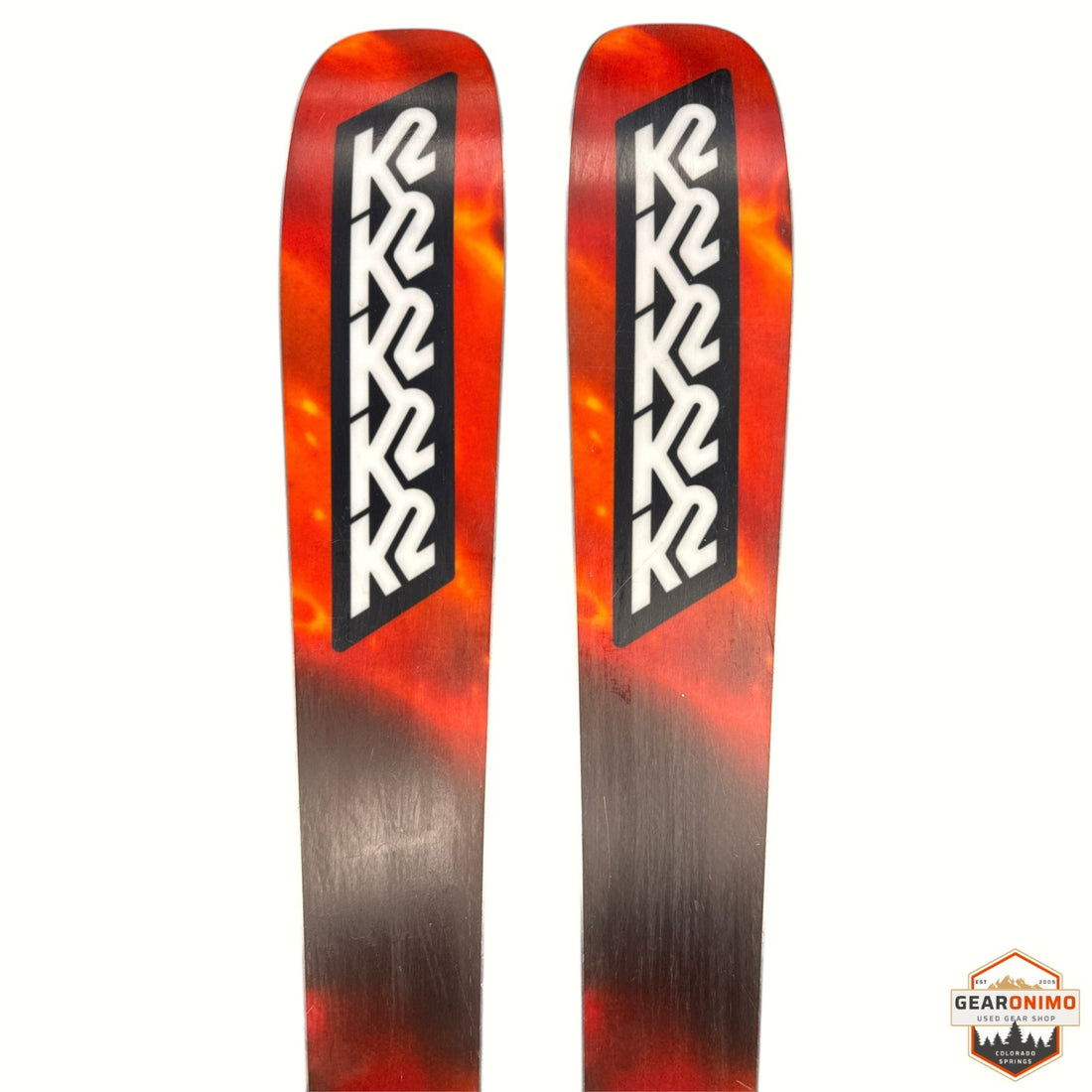 Gearonimo Sports K2 MindBender 99 Ti skis in black and red with a flame-like graphic design on the tips