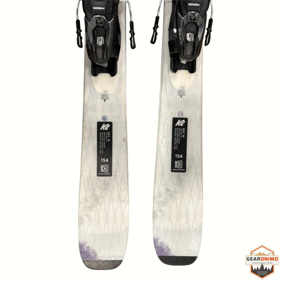 Gearonimo Sports K2 MindBender 90 C W skis with Marker Squire 10 bindings, 154 cm length, white and black design.