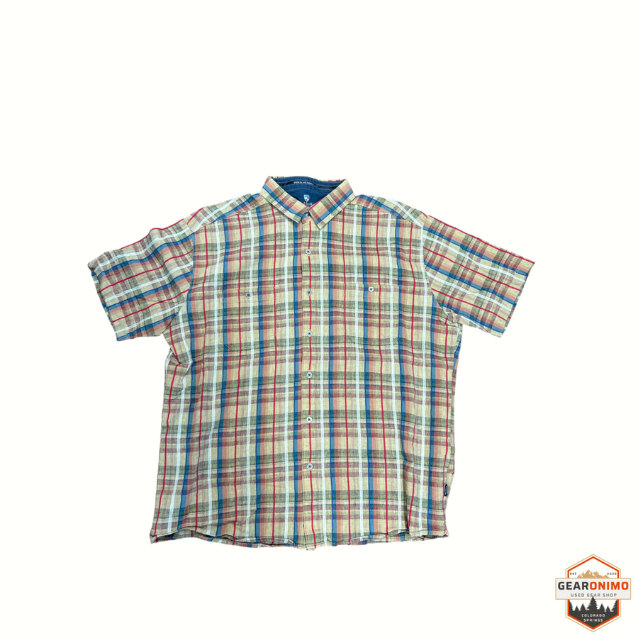 Gearonimo Sports KÜHL short sleeve button up shirt in a tan, red, and blue plaid pattern with dual chest pockets.