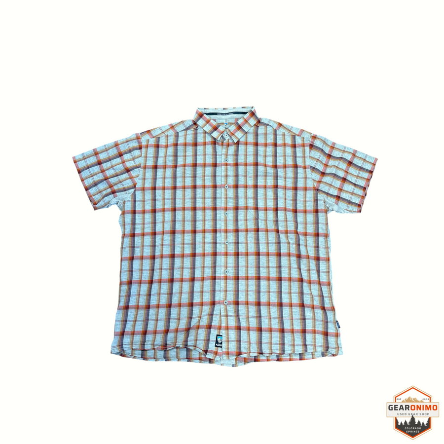 Gearonimo Sports KÜHL short-sleeve button-up shirt in a beige, orange, and brown plaid pattern