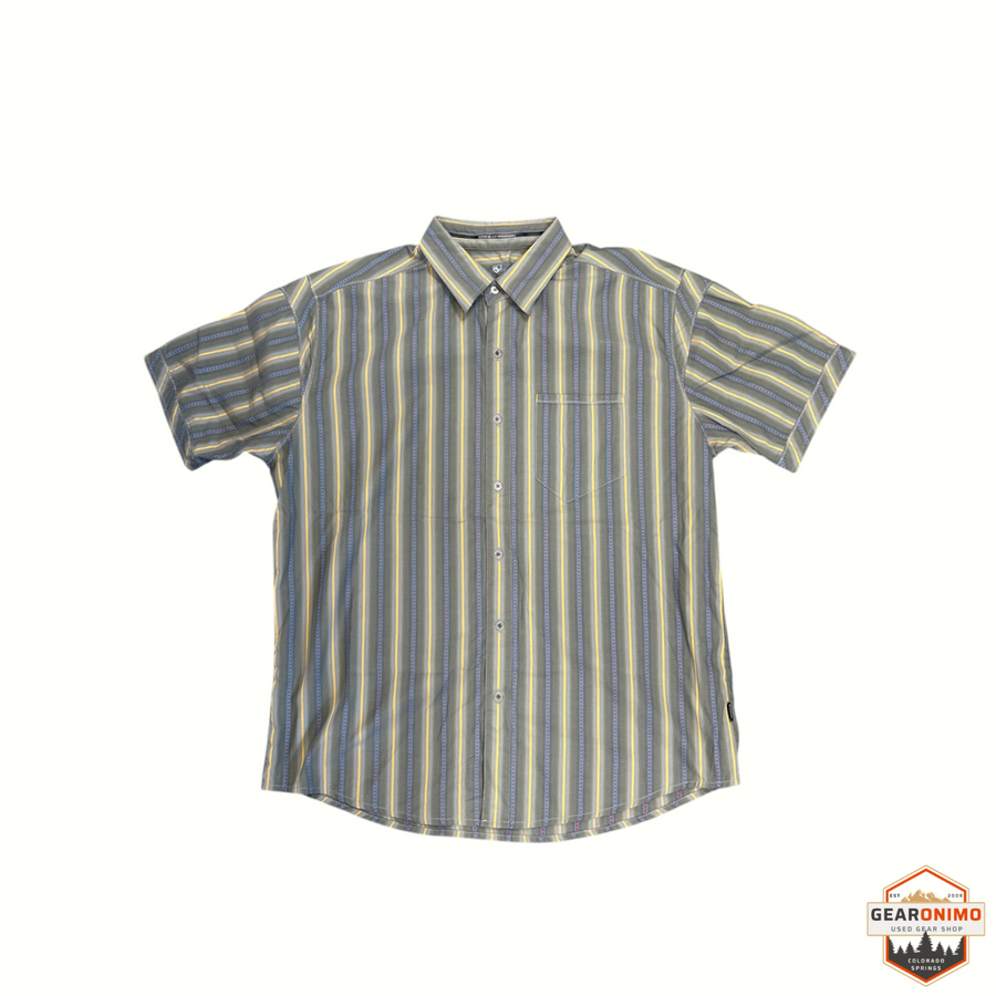 Gearonimo Sports KÜHL short-sleeve button-up shirt in olive green with grey and yellow vertical stripe pattern