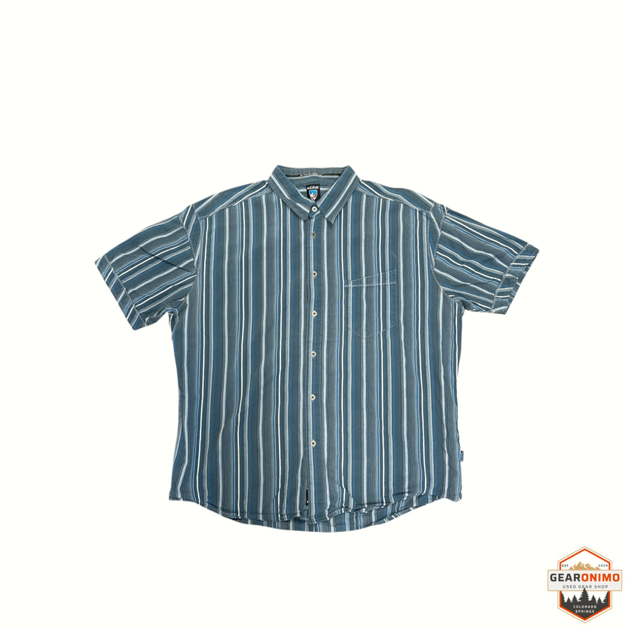Gearonimo Sports KÜHL short-sleeve button-up shirt in blue with a vertical striped pattern and chest pocket