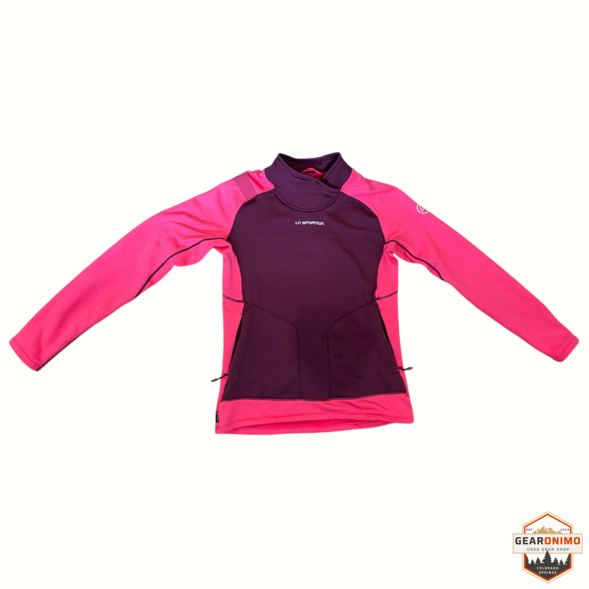 Gearonimo Sports women's La Sportiva fleece pullover in bright pink and dark maroon with long sleeves