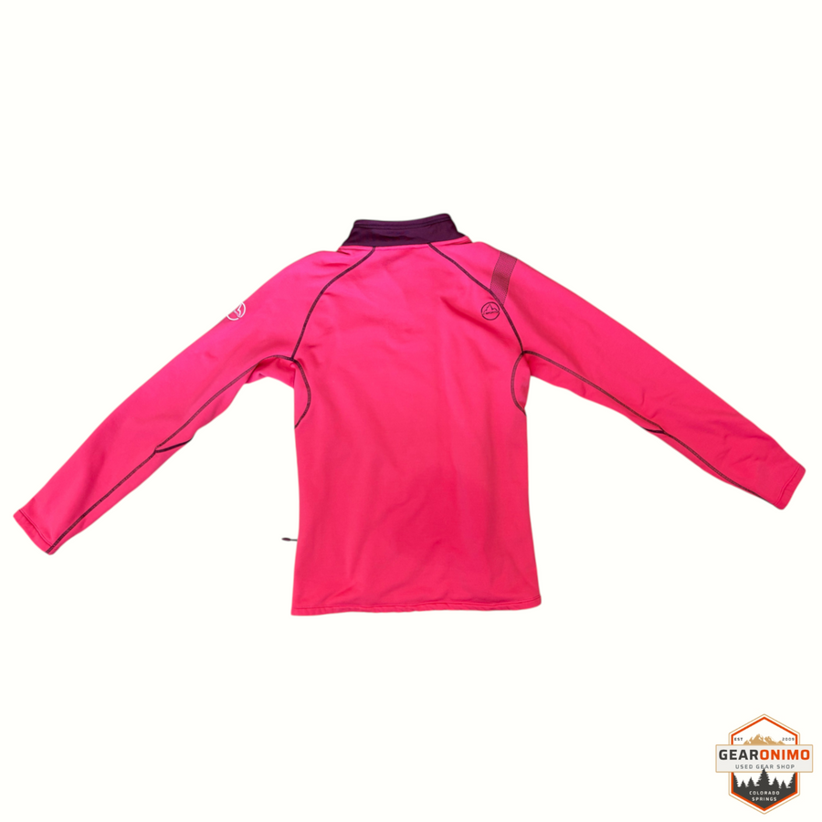 Gearonimo Sports women's La Sportiva bright pink fleece pullover with dark contrast stitching and quarter-zip collar
