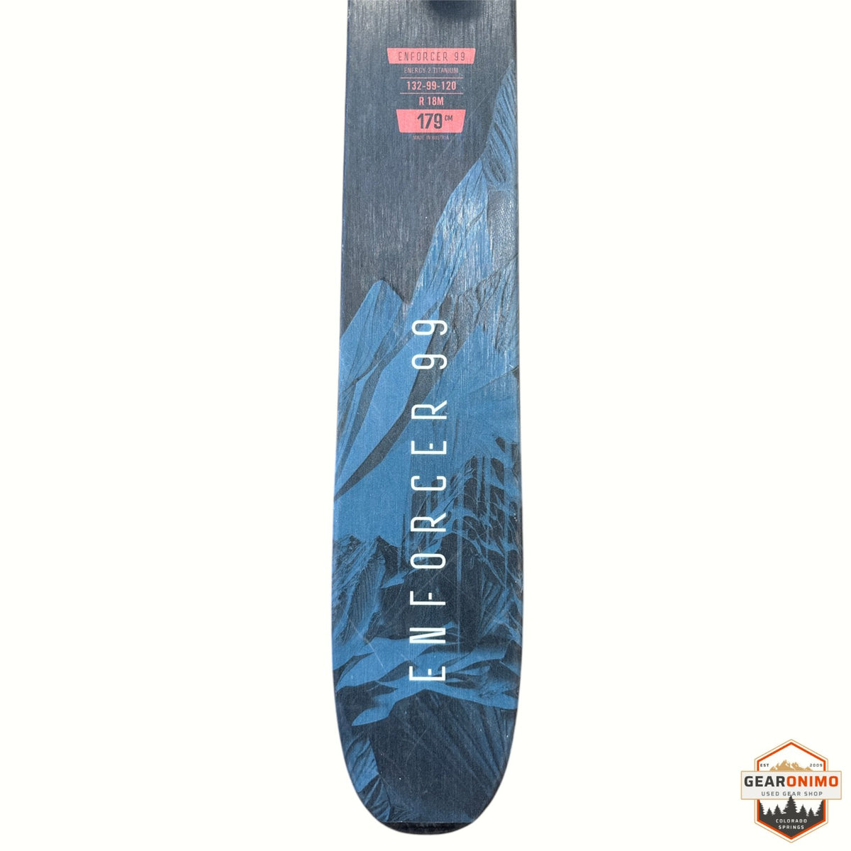 Gearonimo Sports Nordica Enforcer 99 ski in blue with mountain graphic and technical specifications