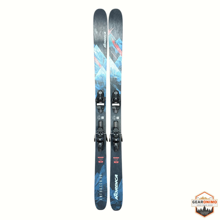 Gearonimo Sports Nordica Enforcer 99 skis in blue with mountain graphic design and mounted bindings