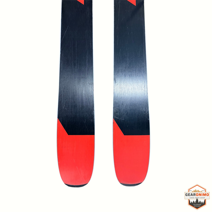 Gearonimo Sports Nordica Enforcer 99 skis with black and red bases, shown from a top-down view.