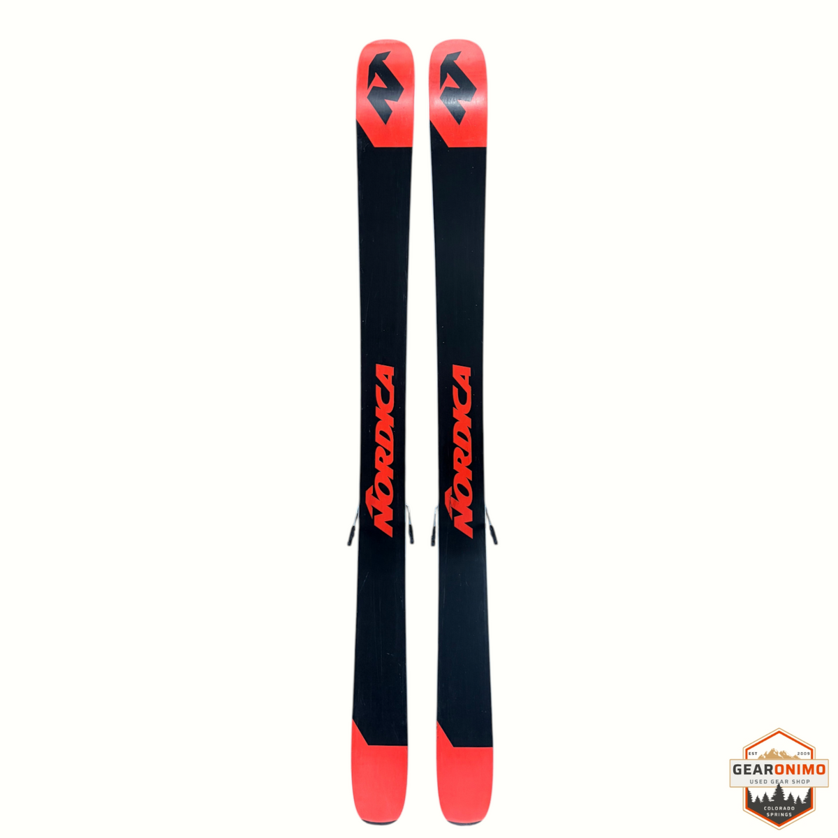 Gearonimo Sports Nordica Enforcer 99 skis with Salomon Strive 11 bindings in black and red, 167cm length
