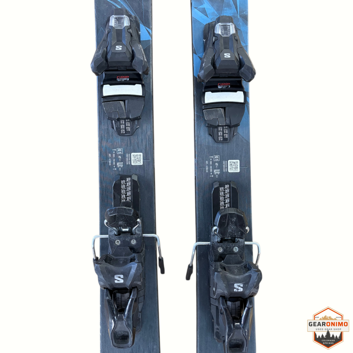Gearonimo Sports Nordica Enforcer 99 skis in black and blue with pre-mounted Salomon Strive 11 bindings