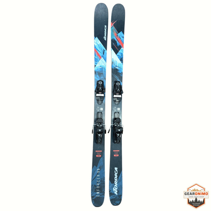 Gearonimo Sports Nordica Enforcer 99 skis in 173 cm length with blue and black graphic design and mounted bindings.