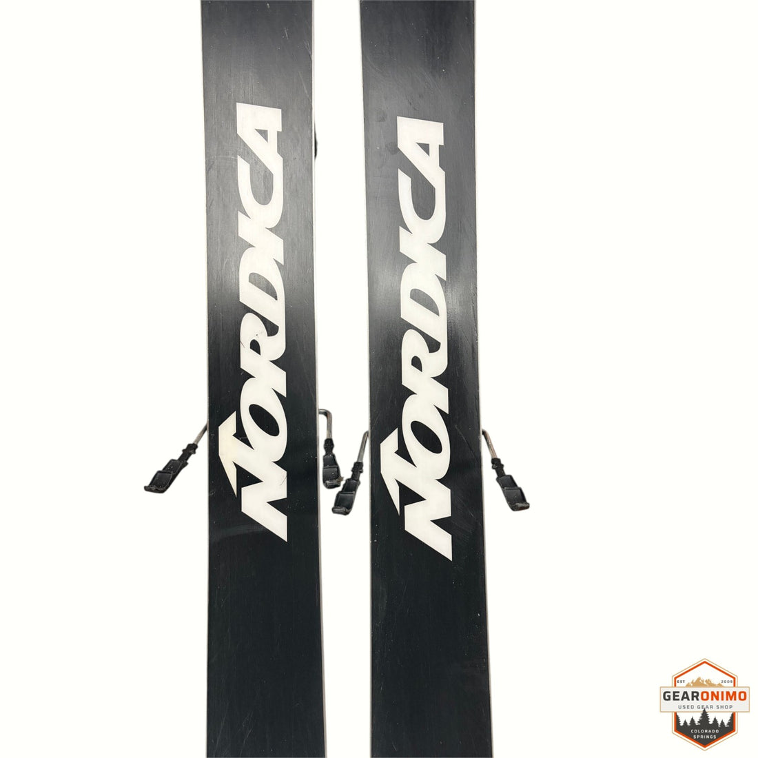 Gearonimo Sports Nordica Santa Ana 92 skis in black with white logo and Marker Squire 11 bindings