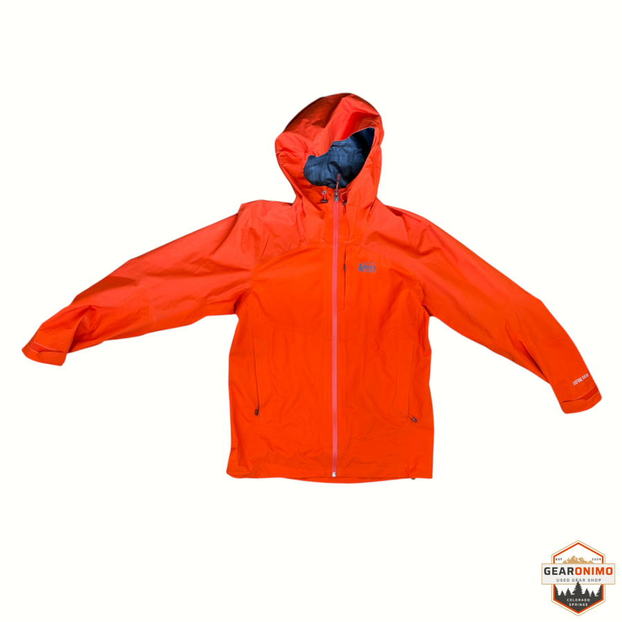 Gearonimo Sports REI Teris GORE-TEX waterproof rain jacket in bright orange with a hood and full-zip front.