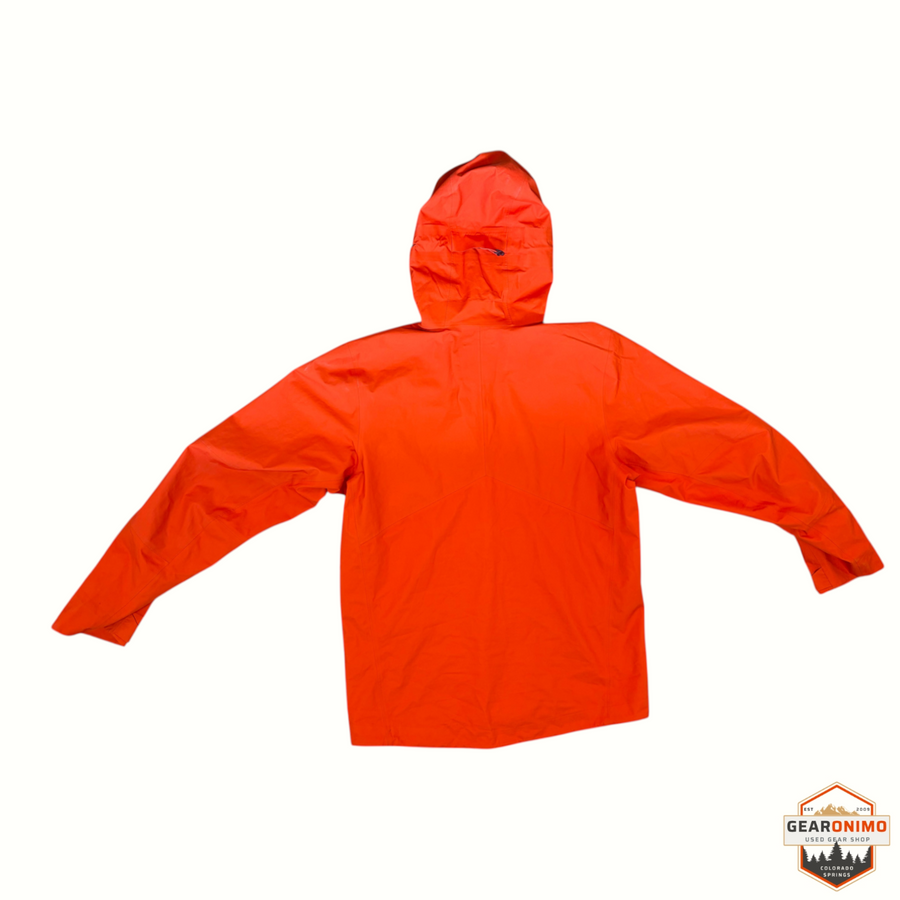 Gearonimo Sports Rei Teris GORE-TEX rain jacket in bright orange, featuring a hood and waterproof shell design.