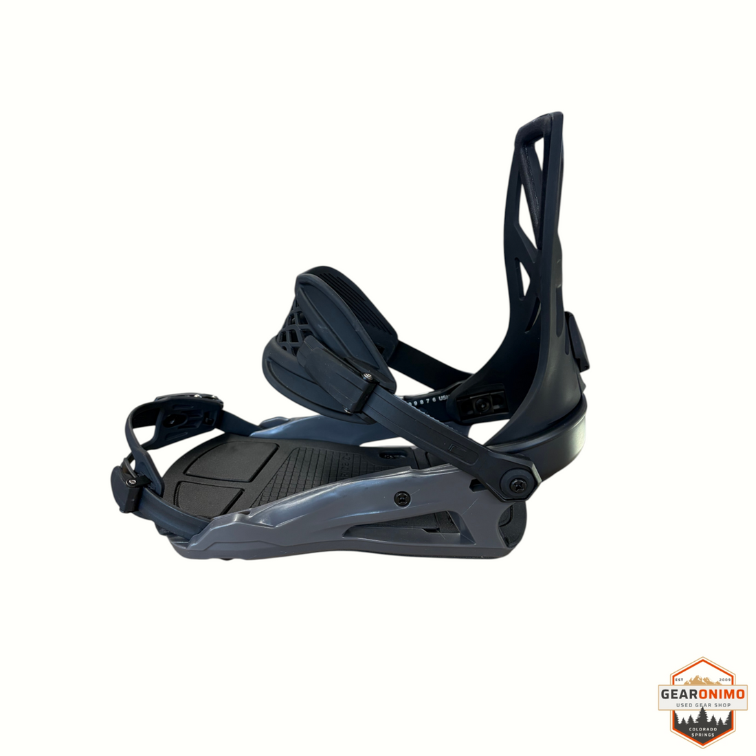 Gearonimo Sports Ride C-2 snowboard bindings in matte black and grey, featuring a durable highback and adjustable straps