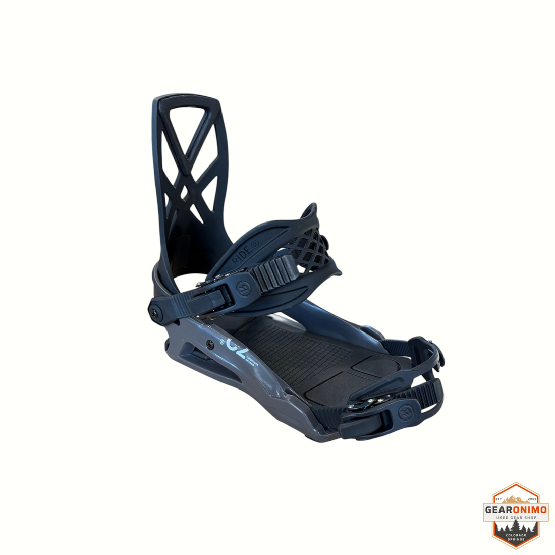 Gearonimo Sports Ride C-2 snowboard bindings in charcoal grey with black straps and highback for all-mountain riding