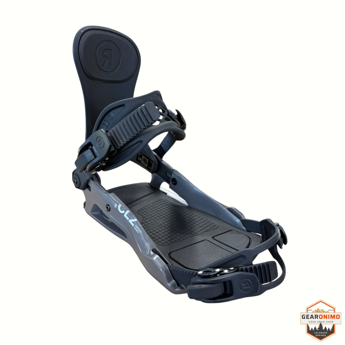 Gearonimo Sports Ride CL-2 snowboard bindings in grey and black, featuring a durable composite chassis and straps.