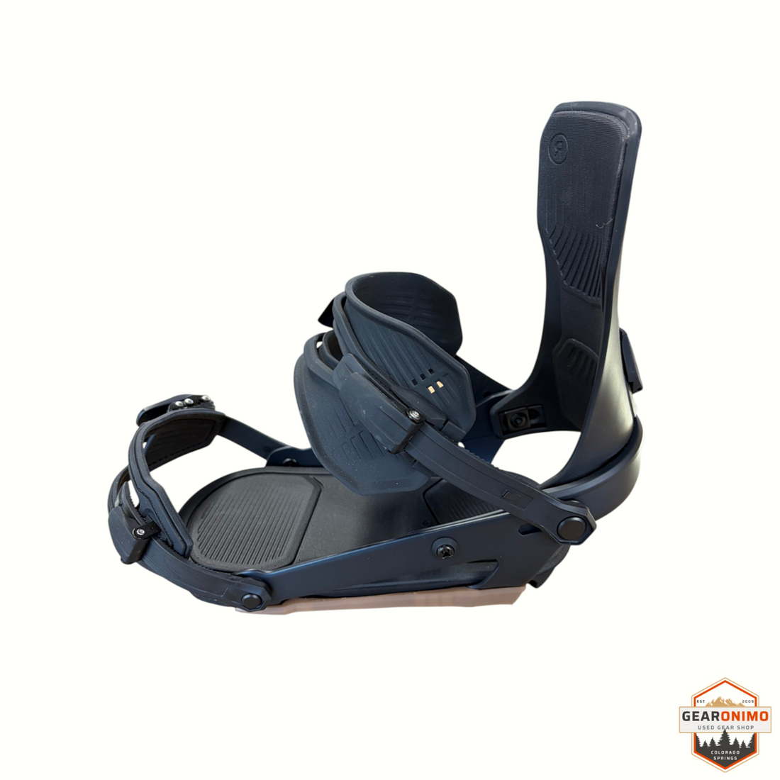 Gearonimo Sports Ride Drone snowboard bindings in matte black with adjustable straps and highback support