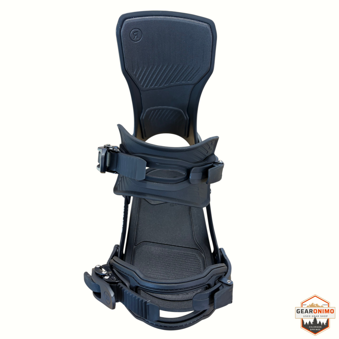 Gearonimo Sports Ride Drone snowboard bindings in matte black with adjustable straps and highback support