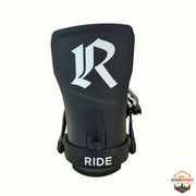 Gearonimo Sports Ride Drone snowboard bindings in matte black with white R logo and Ride branding on the heel cup