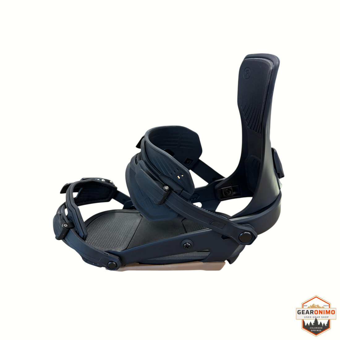 Gearonimo Sports Ride Drone snowboard bindings in matte black, featuring a highback and adjustable ankle straps.