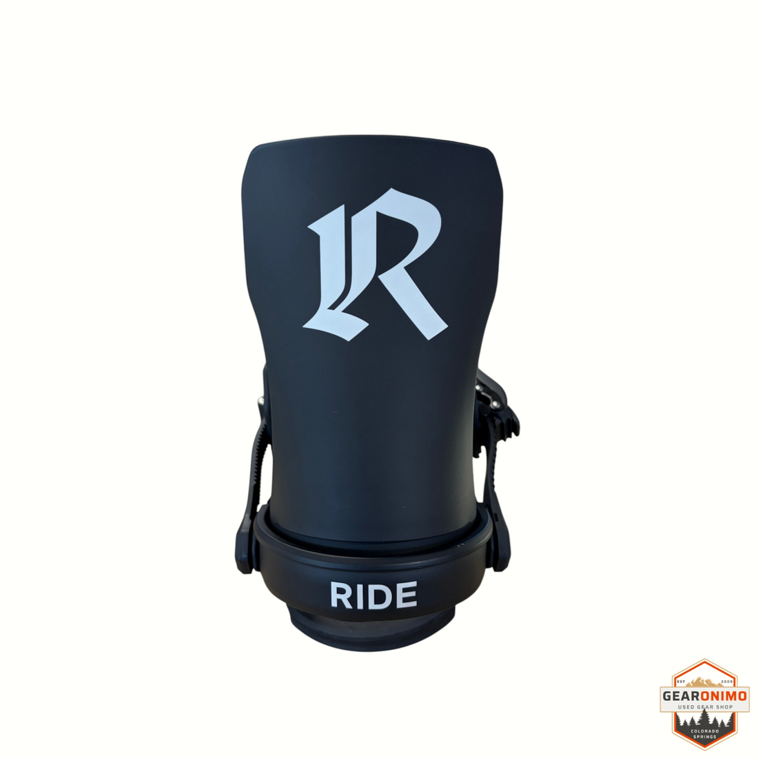 Gearonimo Sports Ride Specter snowboard bindings in matte black with white logo branding on the highback