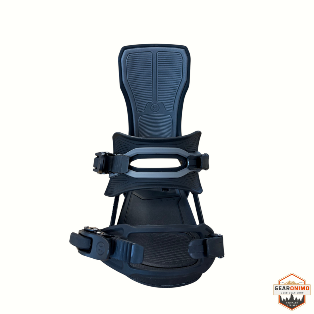 Gearonimo Sports Ride Specter snowboard bindings in black with grey accents, featuring adjustable straps and highback.