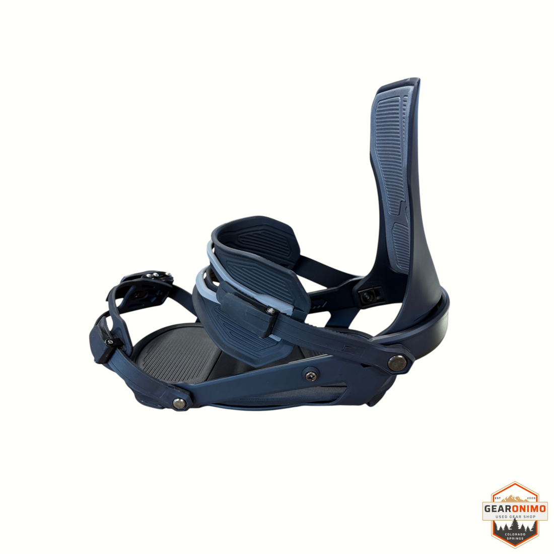 Gearonimo Sports Ride Specter snowboard bindings in matte charcoal grey with adjustable straps and highback