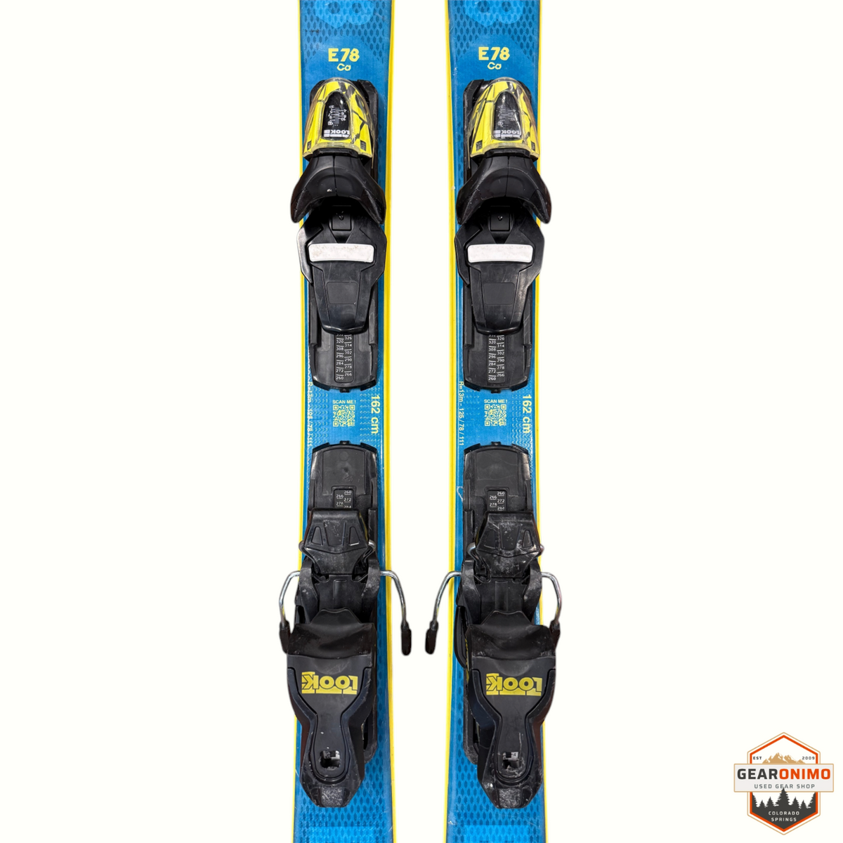 Gearonimo Sports Rossignol E78 Ca skis with yellow and black Look Xpress 11 bindings, 162cm length, top-down view.