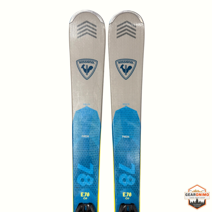 Gearonimo Sports Rossignol E78 Ca skis featuring grey and blue topsheets with Look Xpress 11 bindings