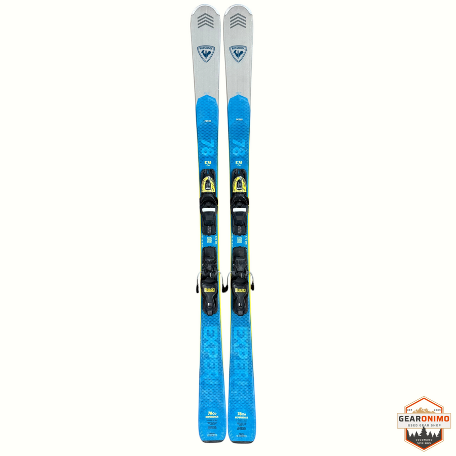 Gearonimo Sports Rossignol E78 Ca skis with Look Xpress 11 bindings in blue and grey, shown from a top-down view.