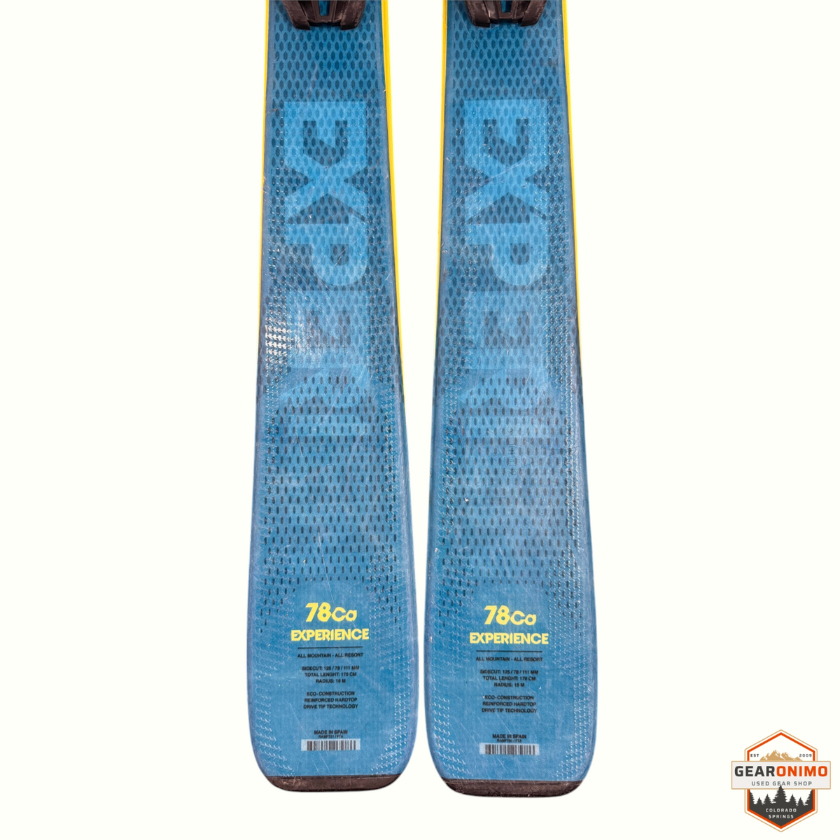 Gearonimo Sports Rossignol E78 Ca all-mountain skis in blue with yellow accents and Look Xpress 11 bindings