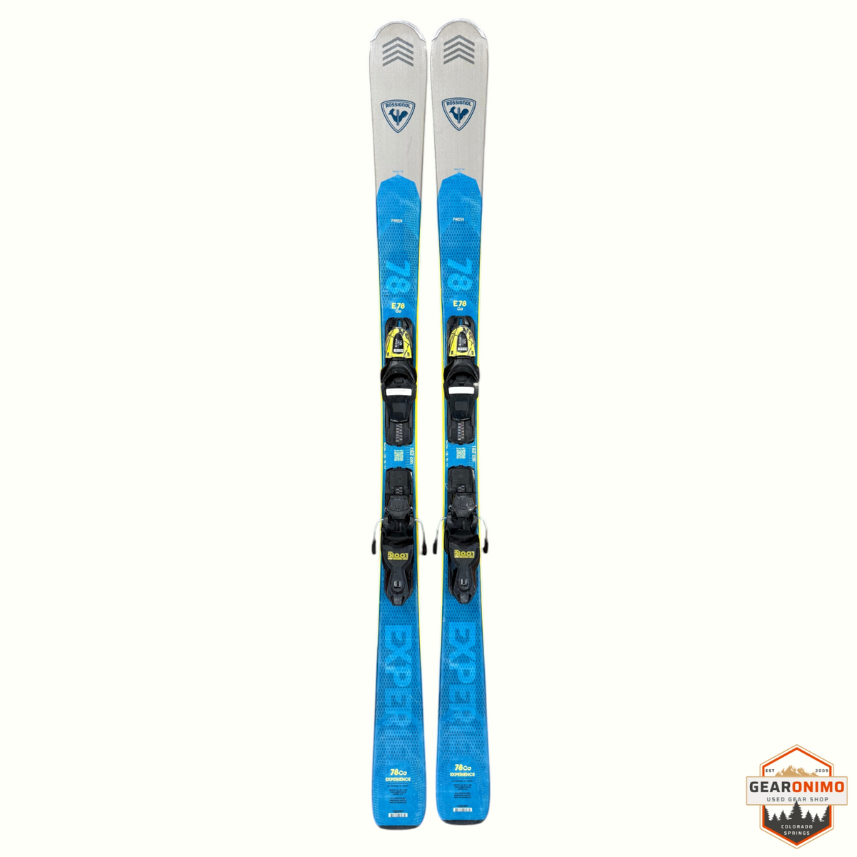Gearonimo Sports Rossignol E78 Ca skis with Look Xpress 11 bindings in blue and silver, top-down view