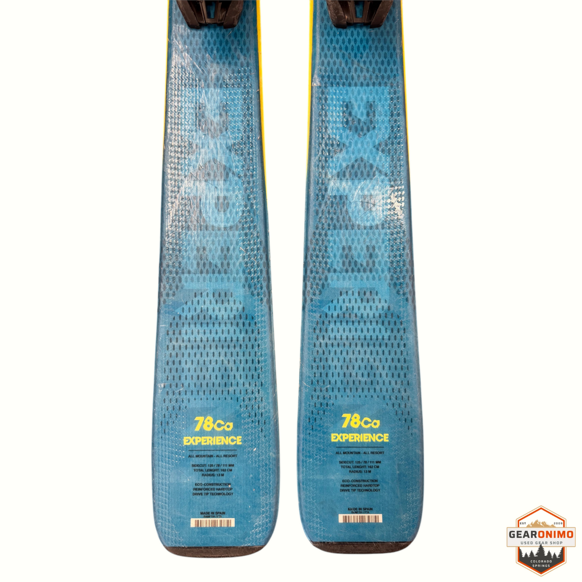 Gearonimo Sports Rossignol Experience 78 Ca all-mountain skis in blue with yellow branding and technical specs