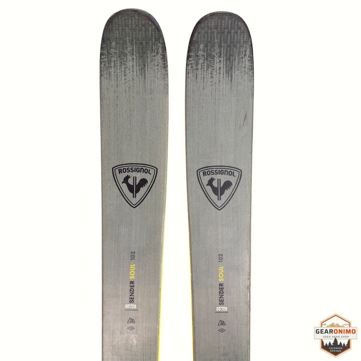 Gearonimo Sports Rossignol Sender Soul 102 skis in grey with black branding and yellow sidewalls