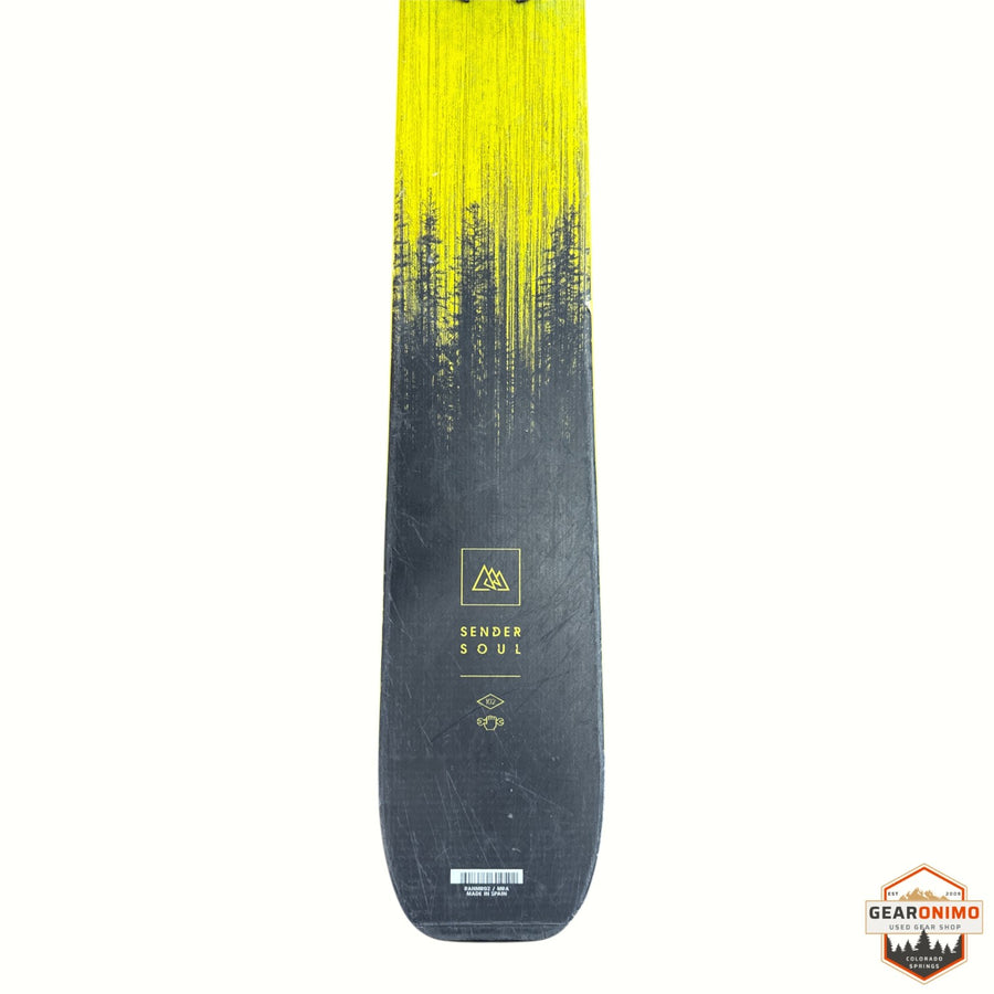 Gearonimo Sports Rossignol Sender Soul 102 ski with yellow and black forest graphic design on the tail