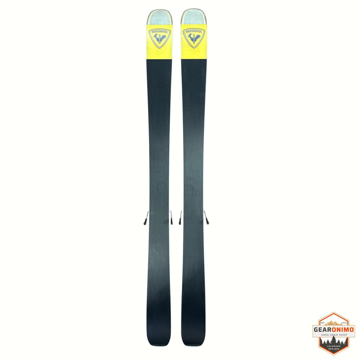 Gearonimo Sports Rossignol Sender Soul 102 skis in black with yellow tips, shown from a top-down perspective.