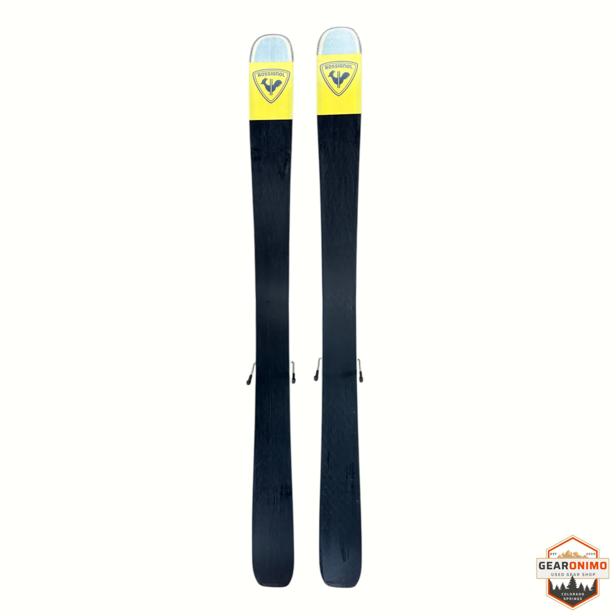 Gearonimo Sports Rossignol Sender Soul 102 skis with Look Nx 12 bindings, featuring black bases and yellow tips.