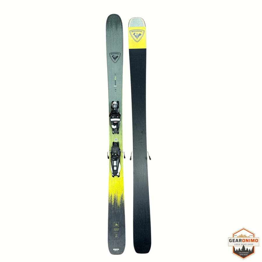Gearonimo Sports Rossignol Sender Soul 102 skis in green and yellow with mounted bindings, 172 cm length