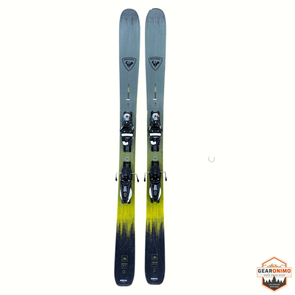 Gearonimo Sports Rossignol Sender Soul 102 skis with Look Nx 12 bindings in grey and yellow, 164cm length